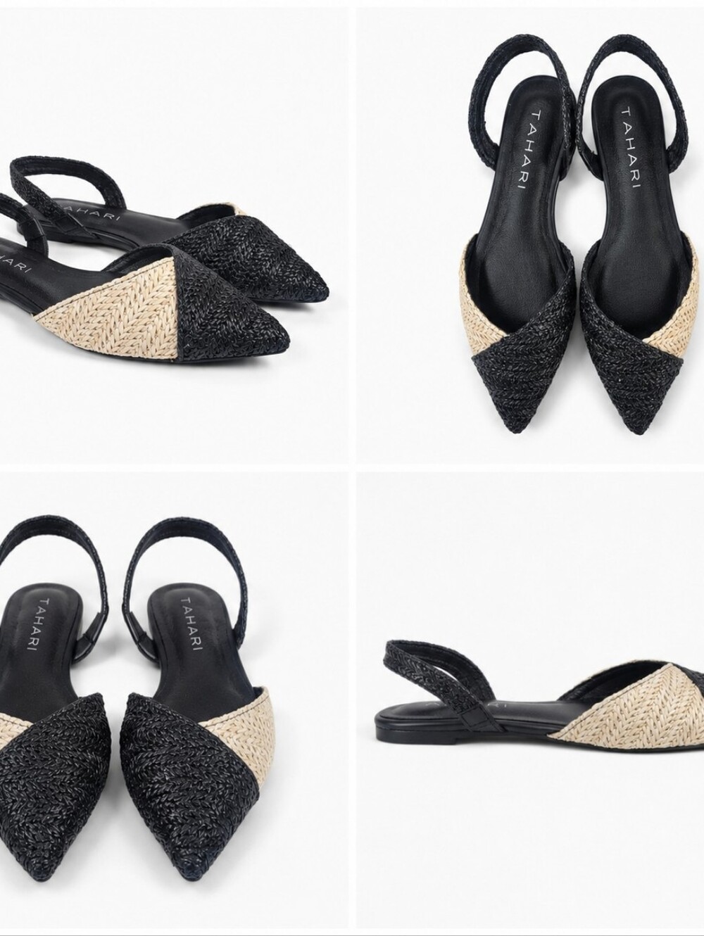 Tahari Rio Black Ivory Raffia Woven Slingback Flats Multiple Sizes
